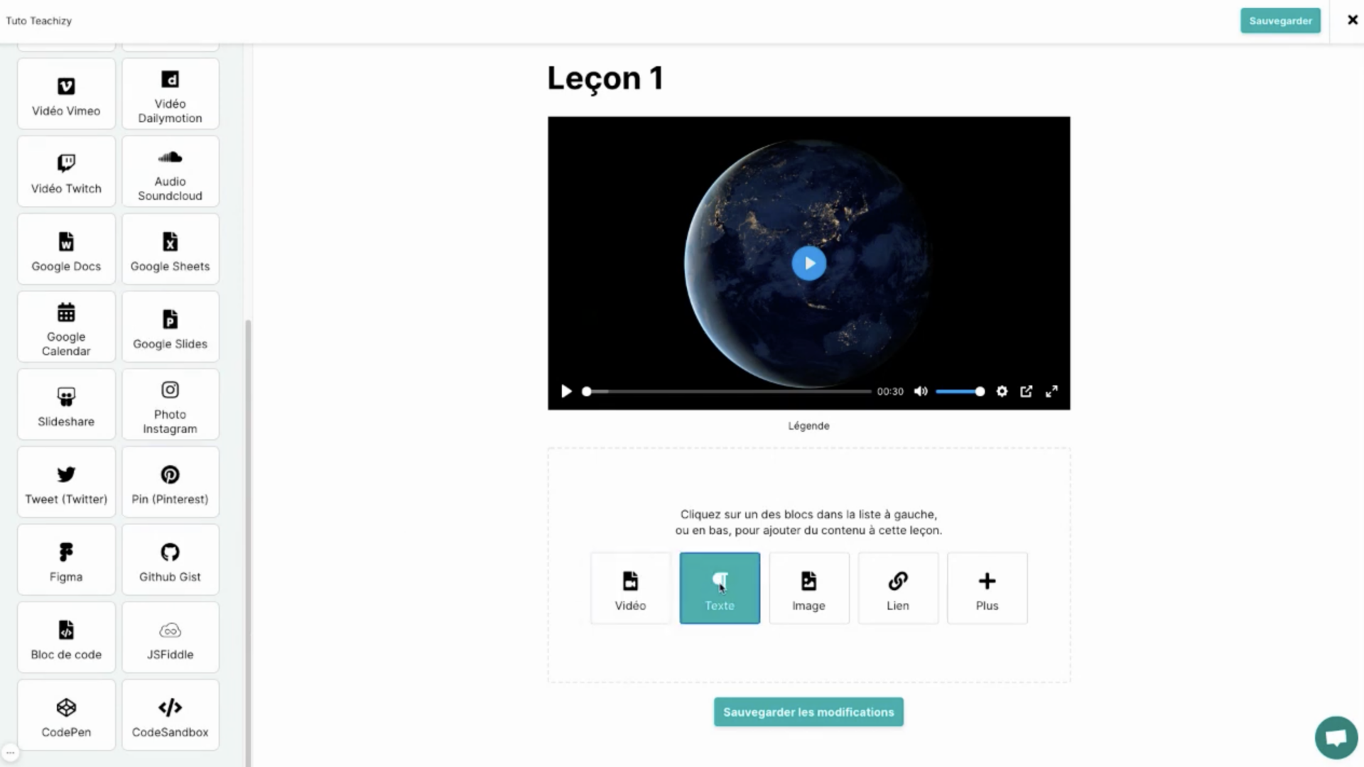 Sélecteur de blocs Teachizy : 30+ types disponibles (vidéo, audio, Google, Figma, code, etc.)