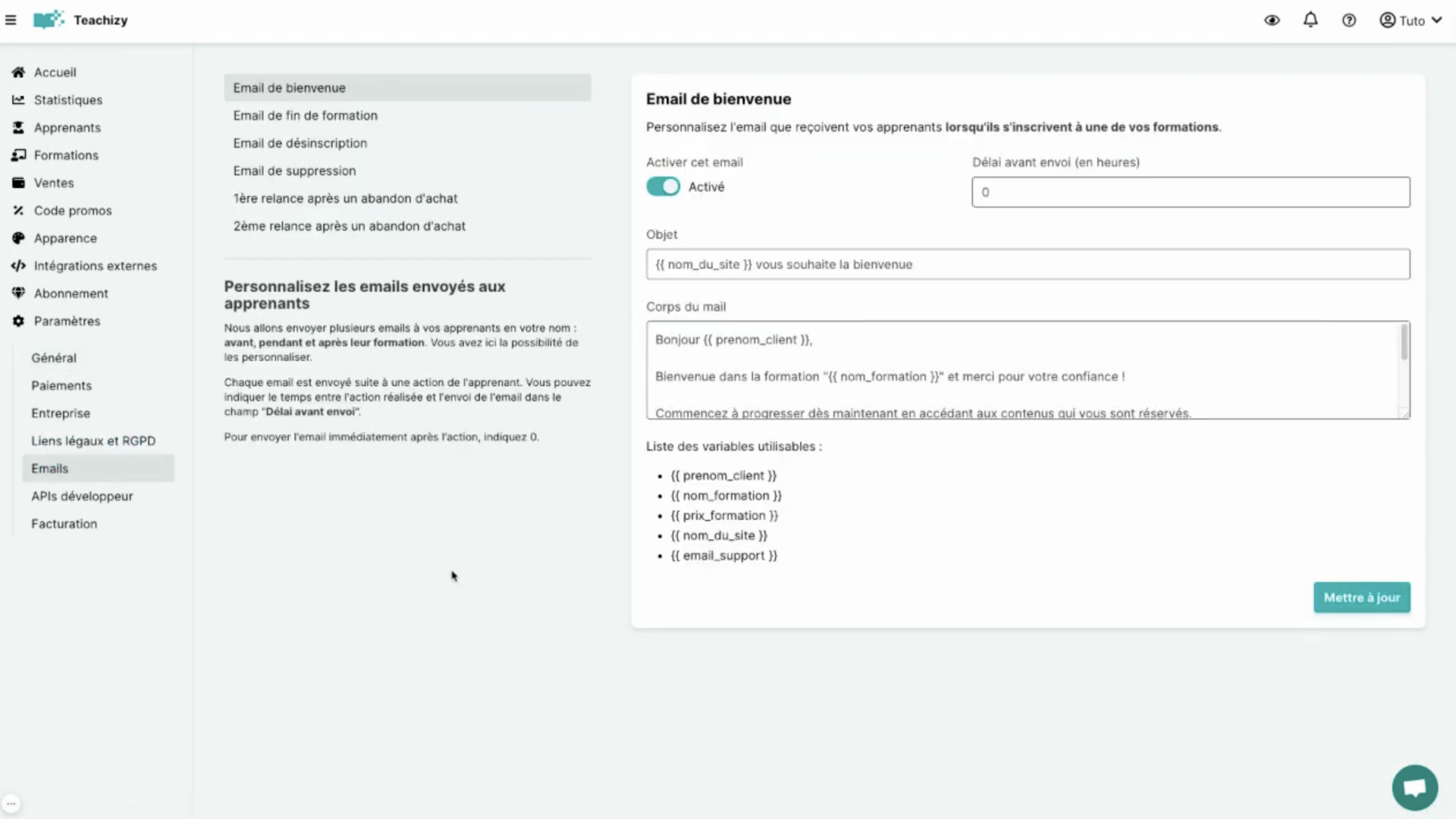 Emails automatisés Teachizy : bienvenue, fin de formation, relances paniers abandonnés