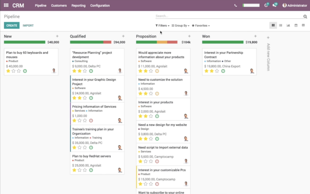 Capture d'écran d'Odoo CRM