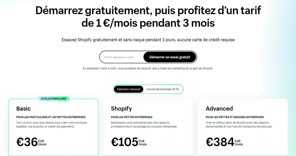 Shopify prix tarif