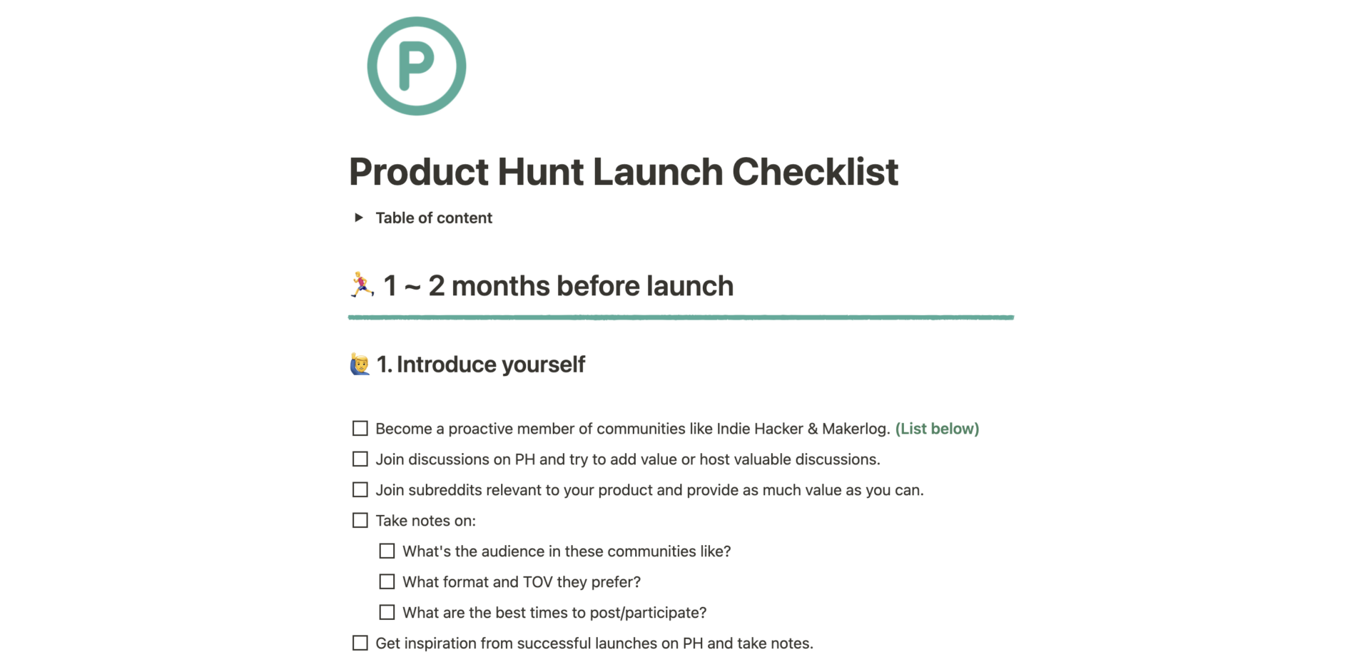 Checklist pour le lancement sur Product Hunt Notion