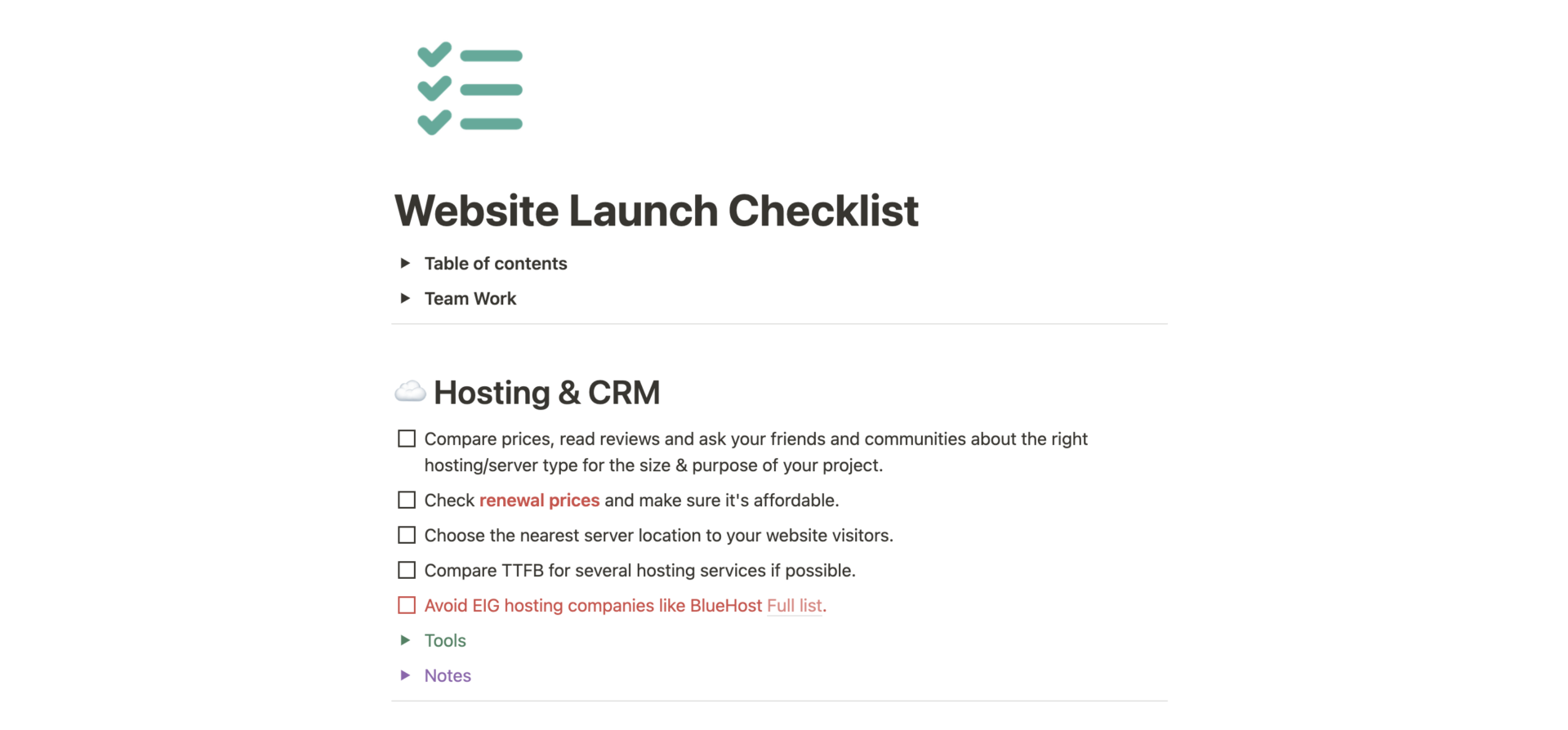 Website launch checker Notion