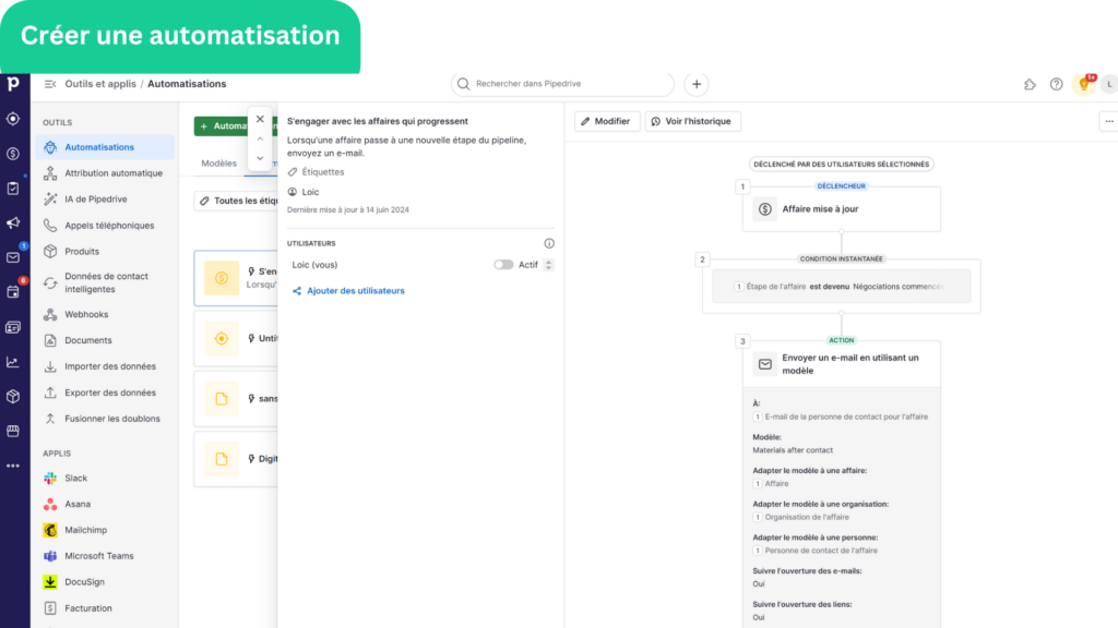 Créer une automatisation Pipedrive example