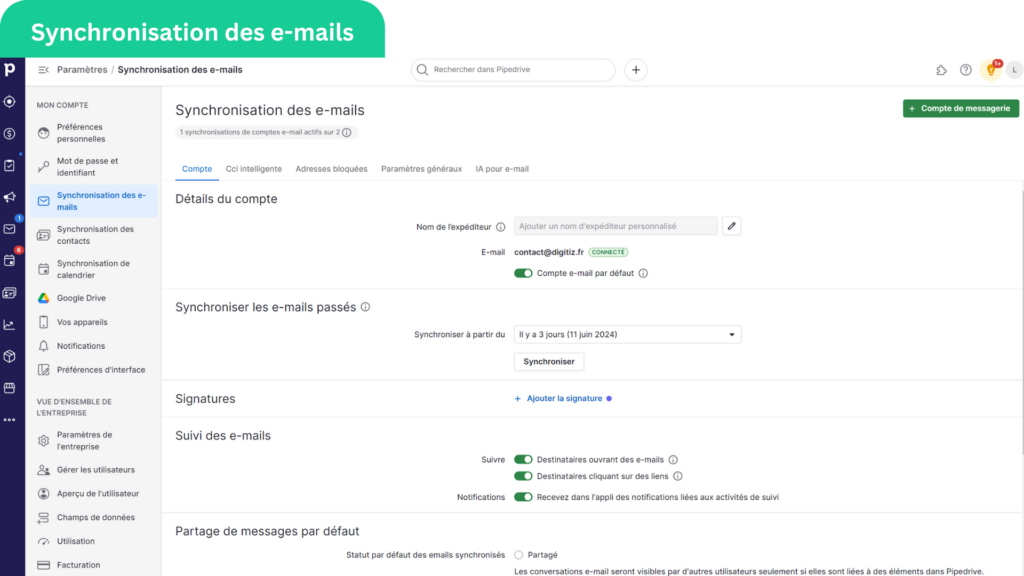 Synchronisation des e-mails Pipedrive