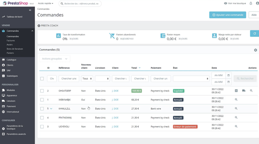 Commandes Prestashop