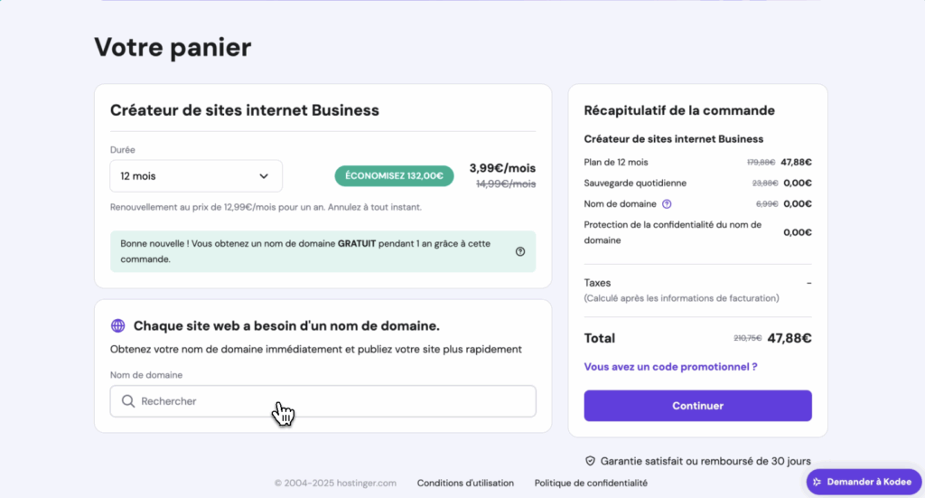 Configurer Hostinger création site web