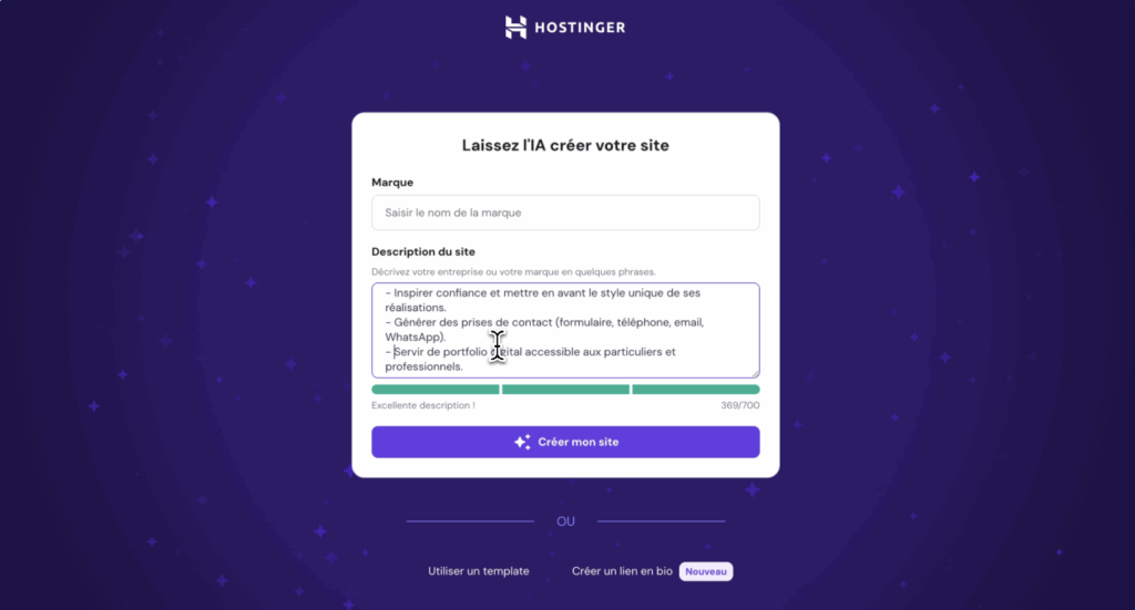 Hostinger création site web générateur IA