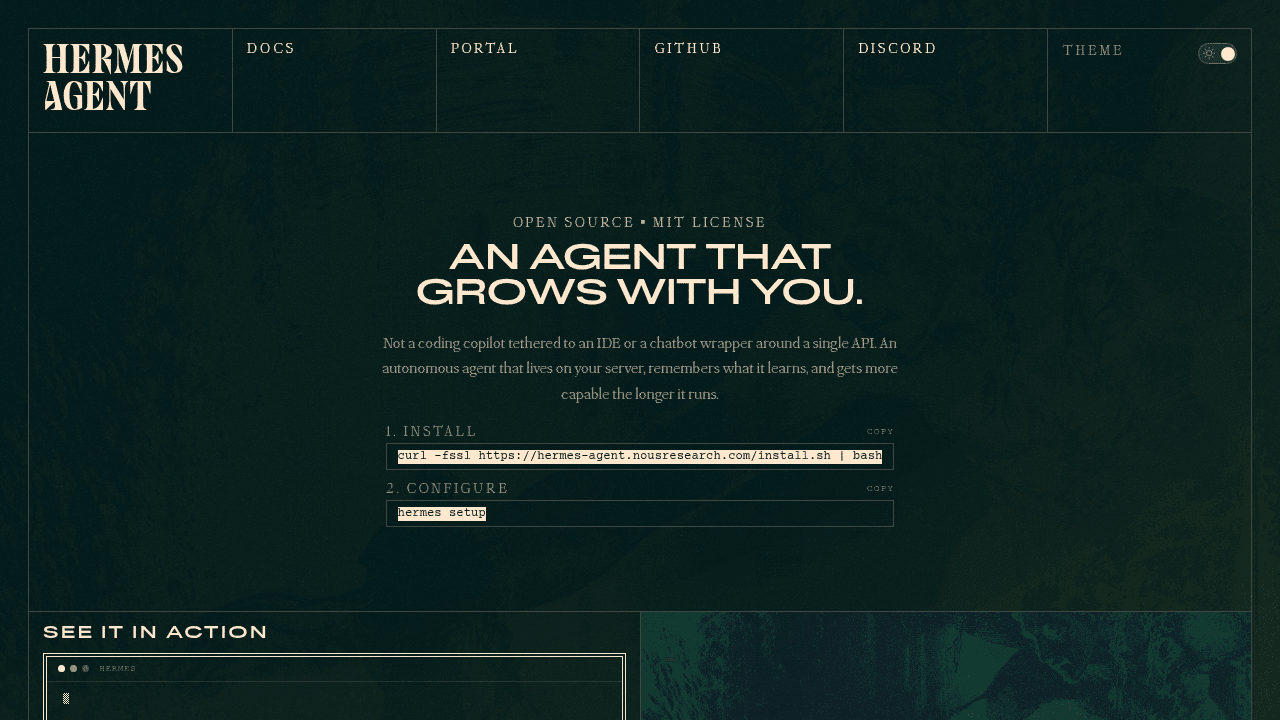 Capture d'écran Hermes Agent - Nous Research