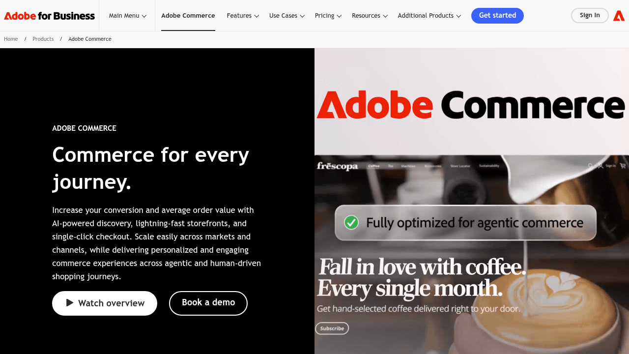 Page d'accueil d'Adobe Commerce, ex-Magento, solution e-commerce enterprise