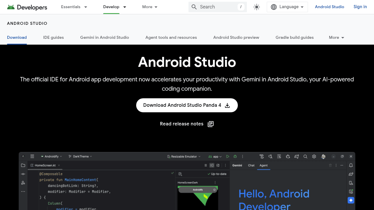 Page d'accueil d'Android Studio, l'IDE Google avec Gemini Agent Mode