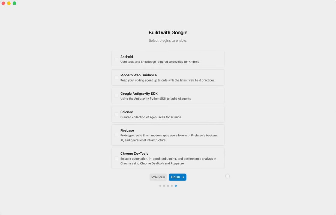 Page Build with Google d'Antigravity 2.0 pour sélectionner les plugins officiels (Android, Modern Web Guidance, SDK, Firebase, Chrome DevTools, Science)