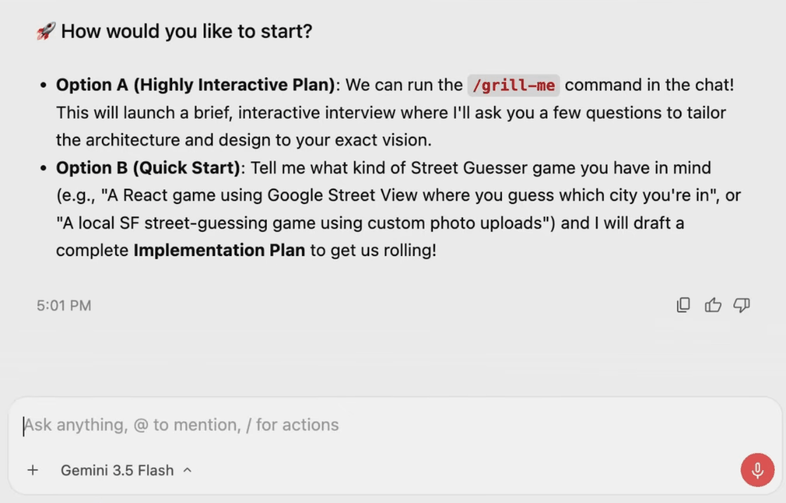 Interface de chat d'Antigravity 2.0 avec Gemini 3.5 Flash, mic de commande vocale et options d'onboarding