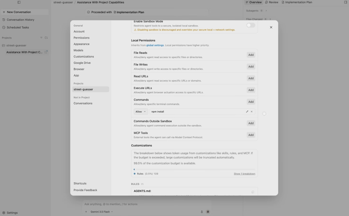 Panneau de permissions et de sandbox d'Antigravity 2.0 avec contrôles File Reads, File Writes, Read URLs, Execute URLs, Commands et MCP Tools