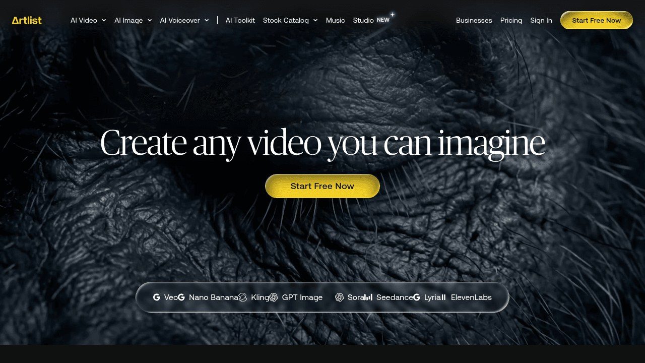 Page d'accueil d'Artlist, banque de musique premium pour vidéastes
