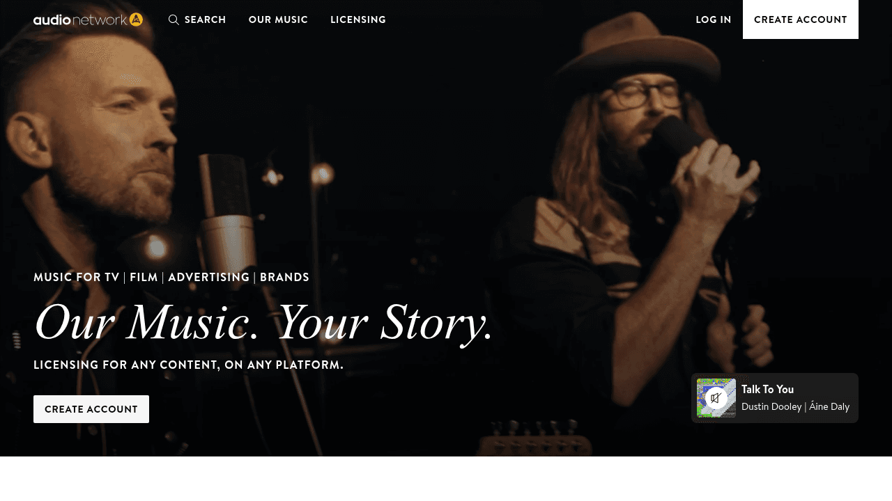 Page d'accueil d'Audio Network, banque de musique broadcast premium