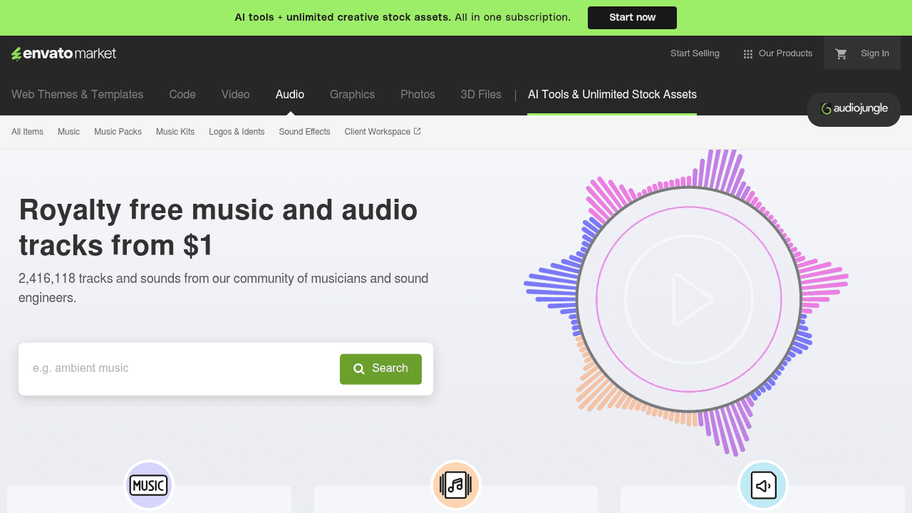 Page d'accueil d'AudioJungle, marketplace Envato pour la musique libre de droits