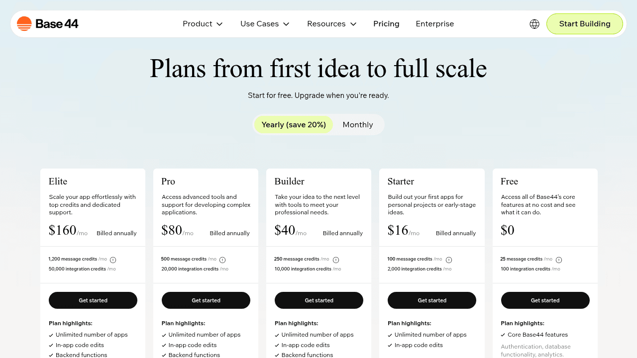 Grille tarifaire Base44 en 2026 : plans Free, Starter, Builder, Pro et Elite
