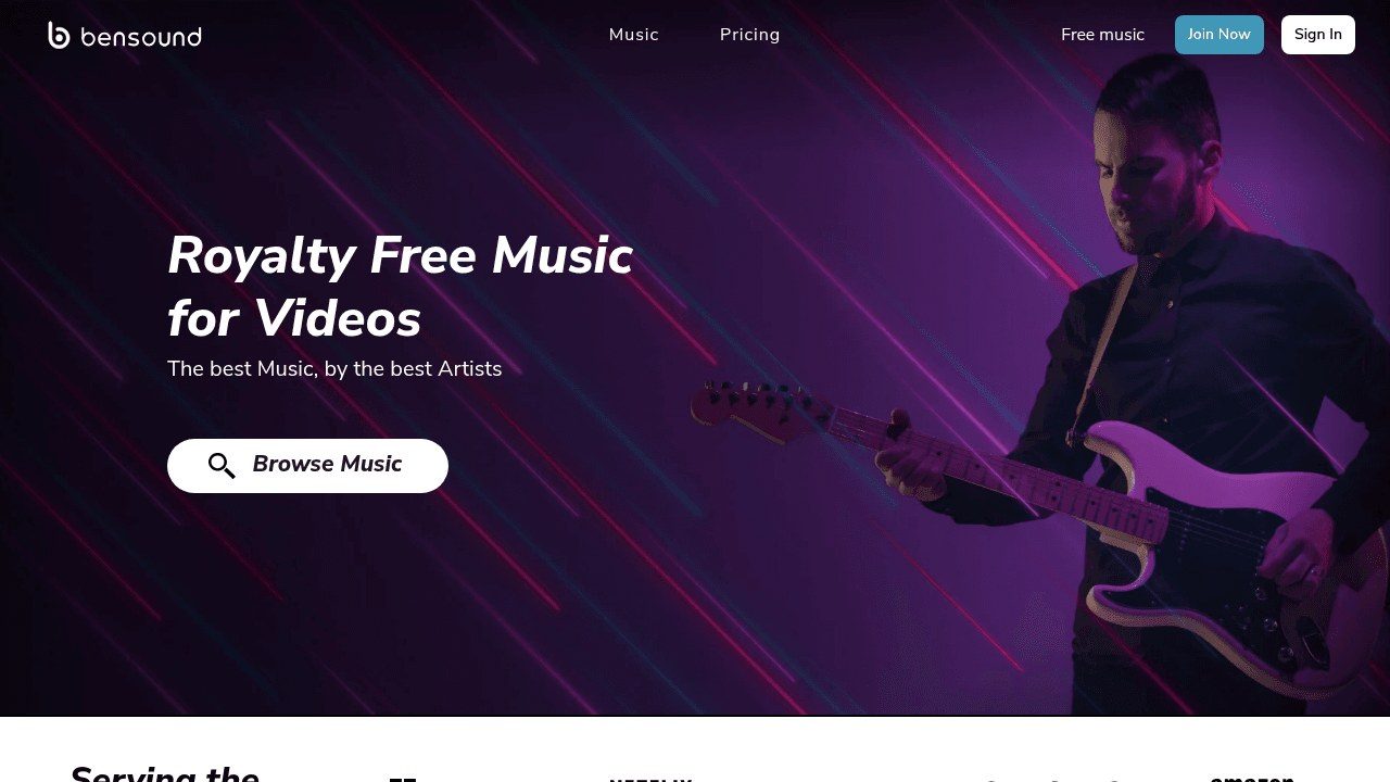 Page d'accueil de Bensound, banque de musique gratuite historique
