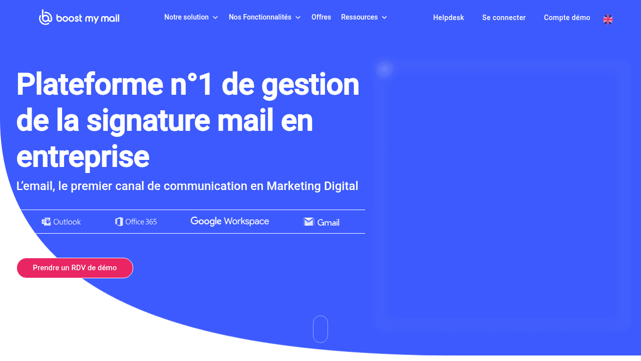 Page d'accueil de Boost My Mail, plateforme française de gestion de signatures mail