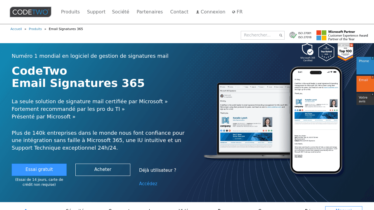 Page d'accueil de CodeTwo Email Signatures, référence Microsoft 365