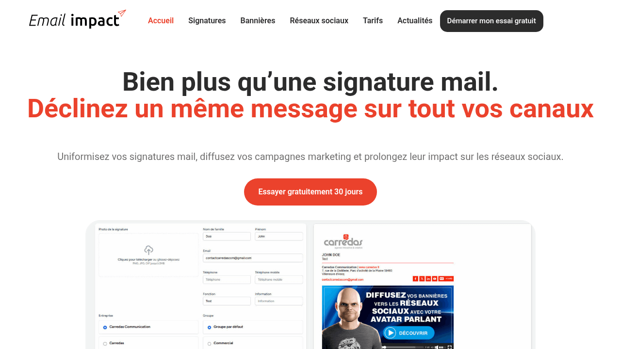 Page d'accueil d'Email Impact, solution française de signatures mail pour PME et ETI