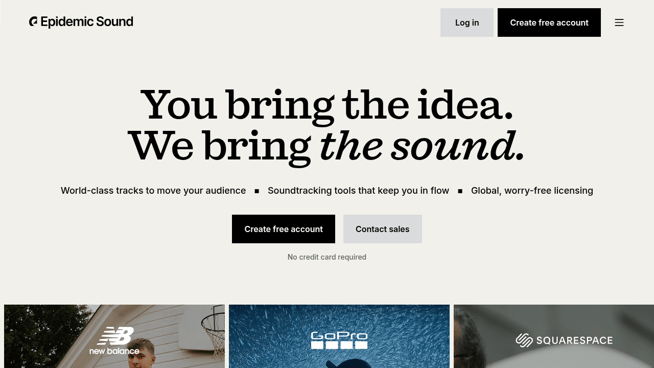 Page d'accueil d'Epidemic Sound, leader des banques de musique libres de droits