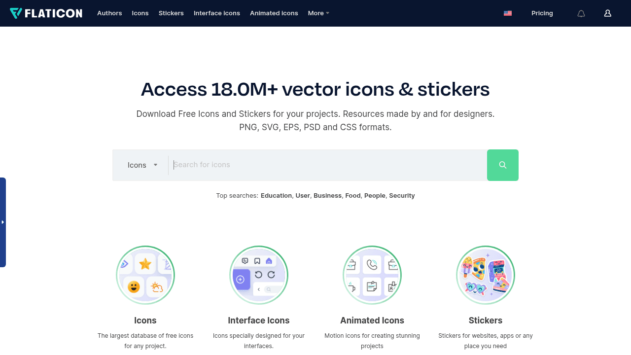 Page d'accueil de Flaticon, marketplace leader d'icônes vectorielles
