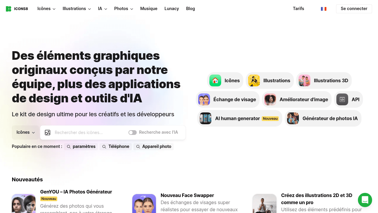 Page d'accueil de Icons8, plateforme d'icônes et écosystème design