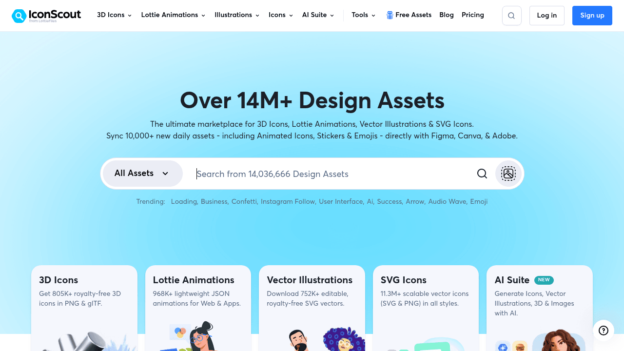 Page d'accueil de Iconscout, marketplace moderne d'icônes, illustrations et Lottie