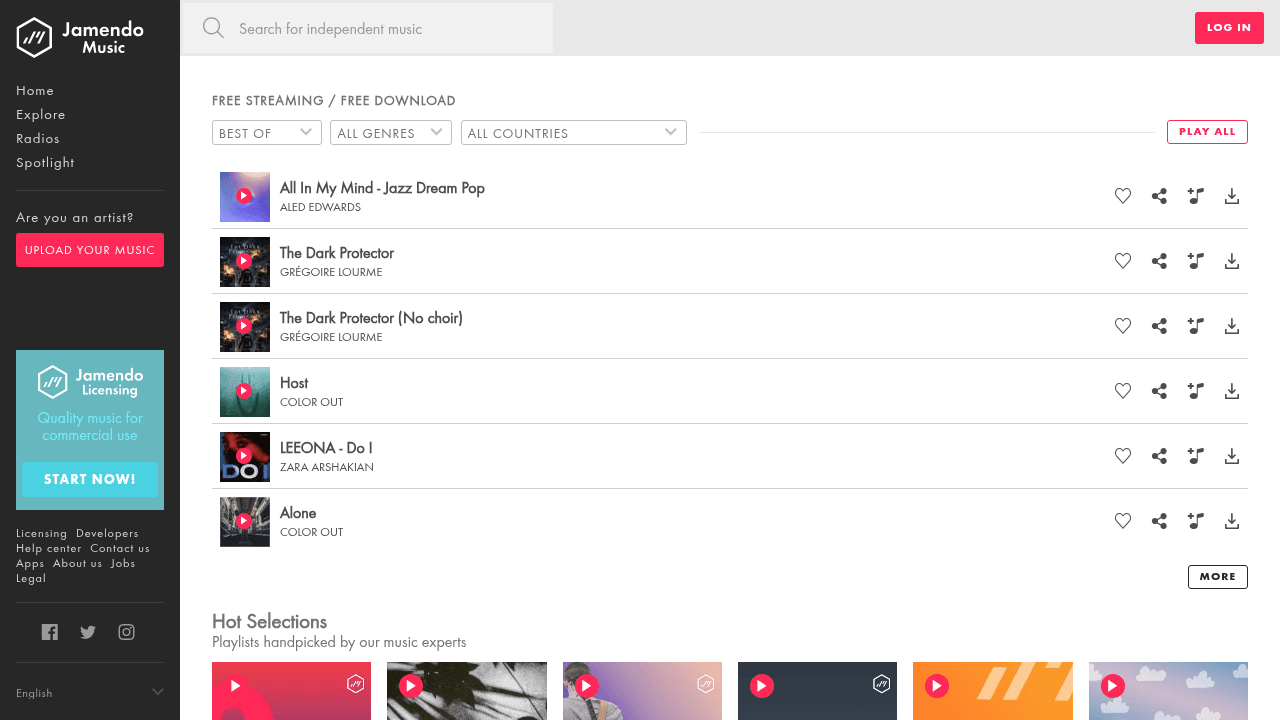 Page d'accueil de Jamendo, plateforme de musique indépendante