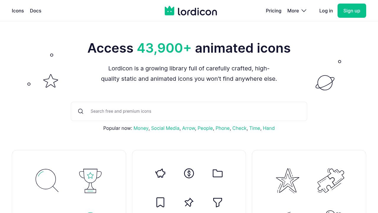 Page d'accueil de Lordicon, icônes animées et interactives