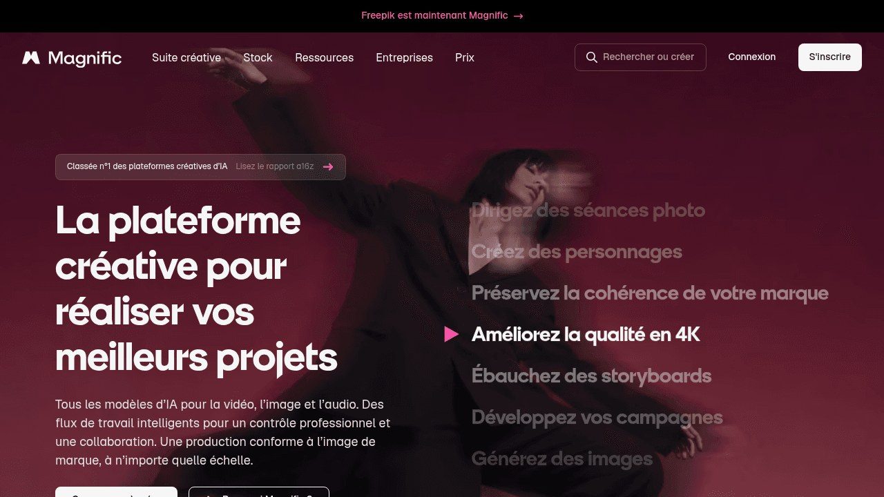 Page d'accueil de Magnific (ex-Freepik), plateforme créative tout-en-un avec IA