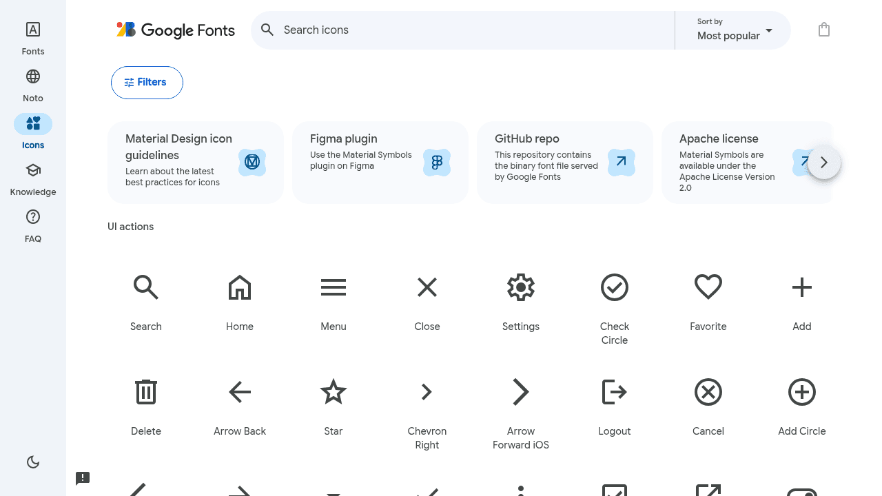 Page d'accueil de Material Symbols, bibliothèque d'icônes Google