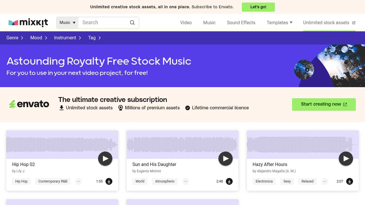 Page d'accueil de Mixkit, banque de musique gratuite curatée