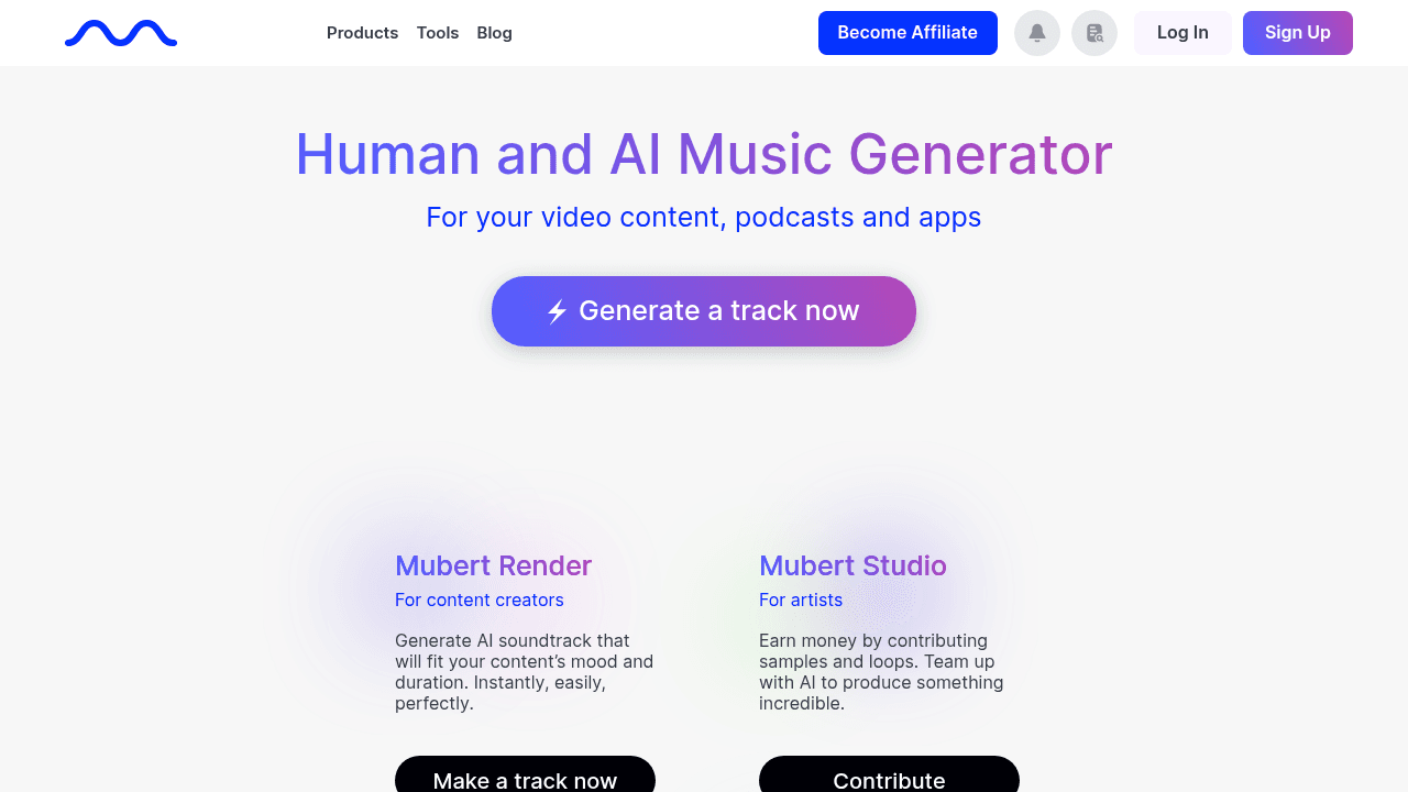Page d'accueil de Mubert, générateur de musique IA et banque royalty-free