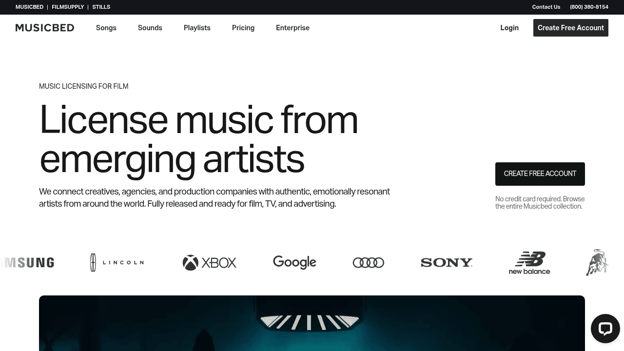 Page d'accueil de Musicbed, banque de musique pour films et publicités
