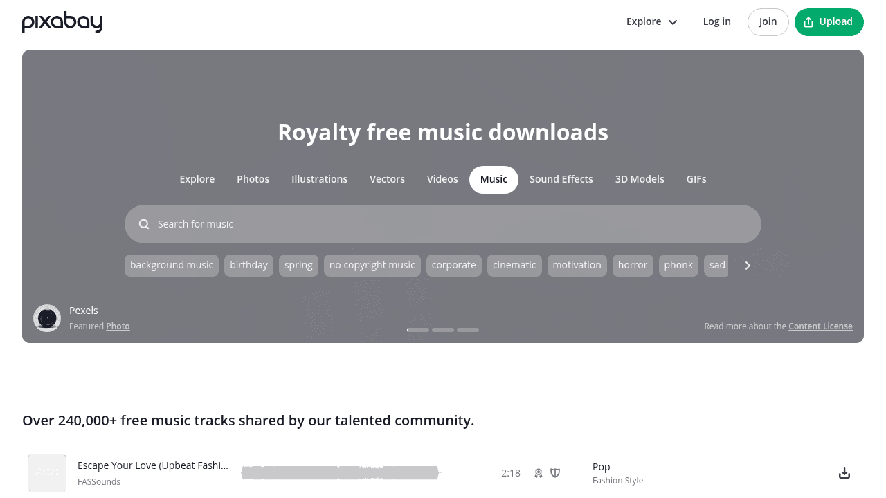 Page d'accueil de Pixabay Music, musiques gratuites pour usage commercial