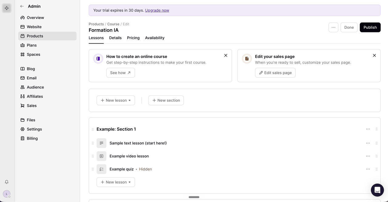 Interface de création de produit dans Podia : cours en ligne, téléchargements, coaching