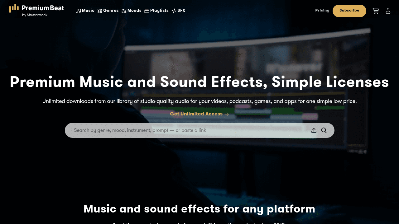 Page d'accueil de PremiumBeat, filiale Shutterstock pour la musique libre de droits