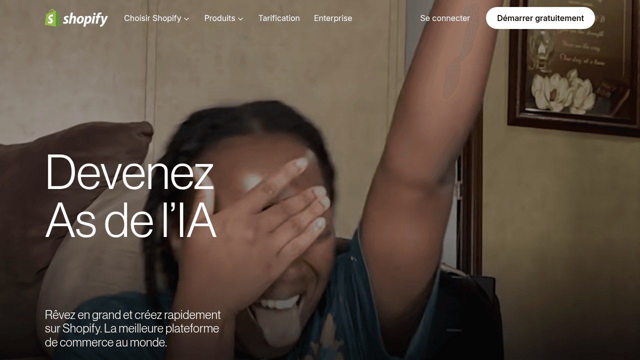 Page d'accueil de Shopify, leader mondial des plateformes e-commerce