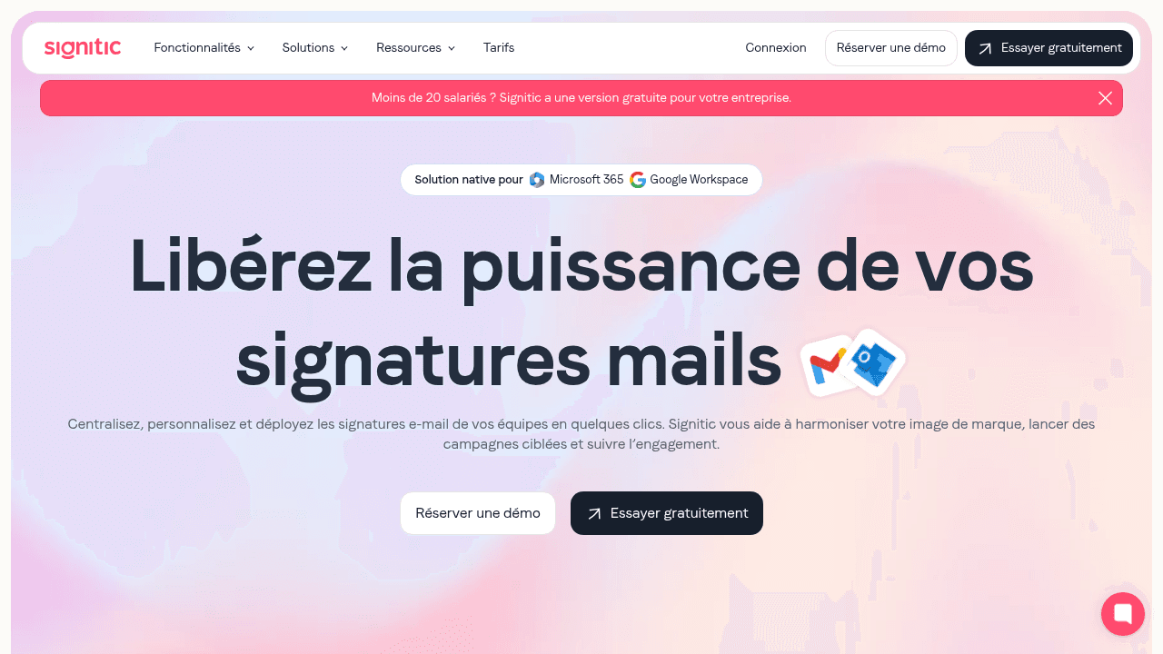 Page d'accueil de Signitic, plateforme française de gestion des signatures mail
