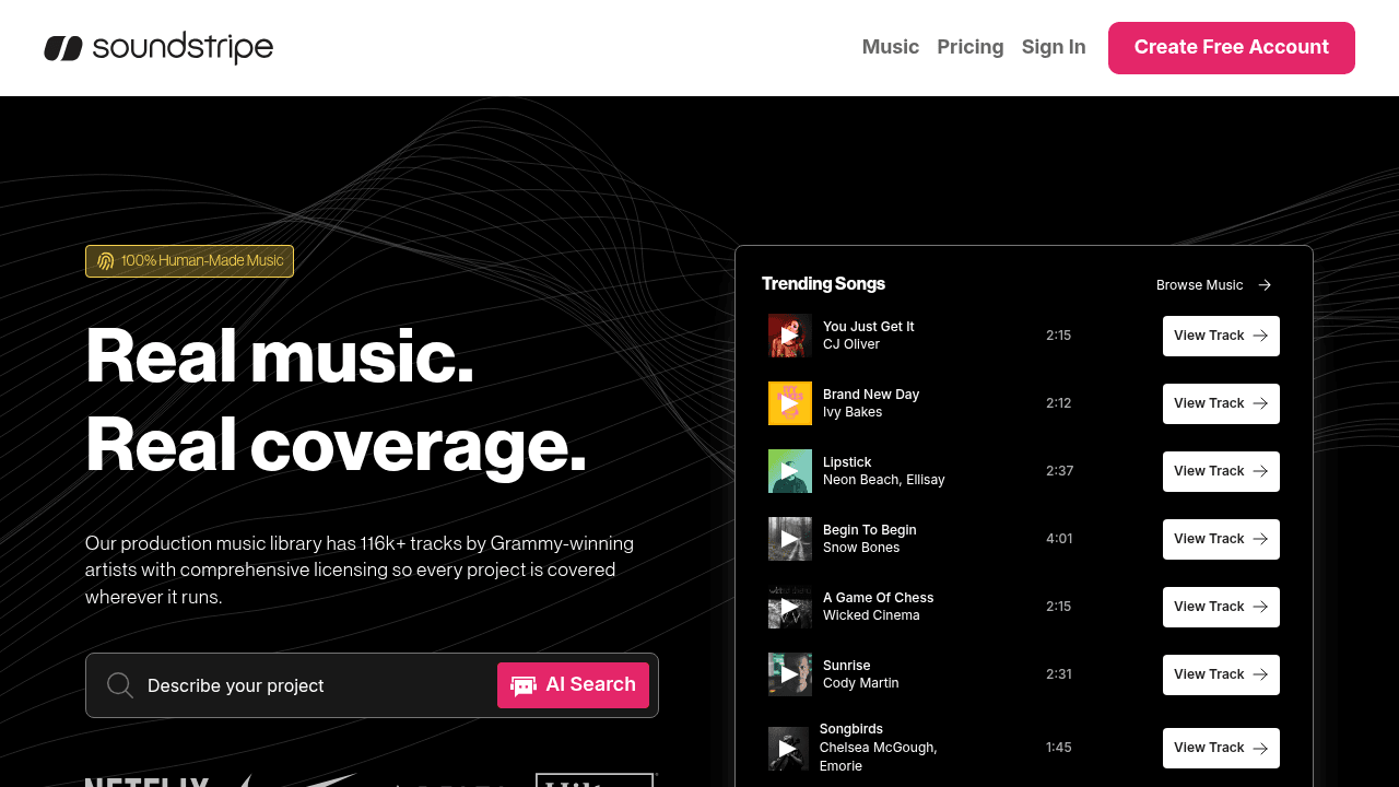 Page d'accueil de Soundstripe, banque de musique royalty-free