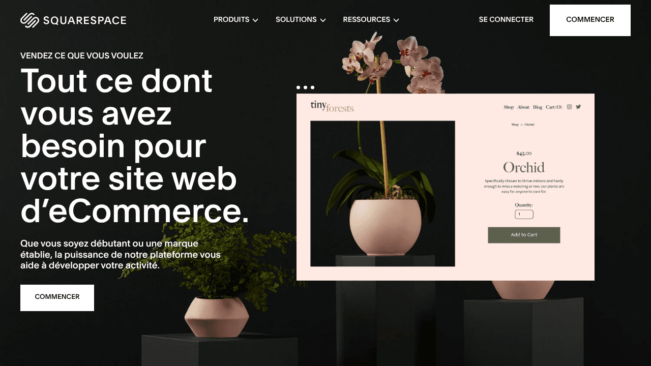 Page d'accueil de Squarespace Commerce, plateforme e-commerce design-driven