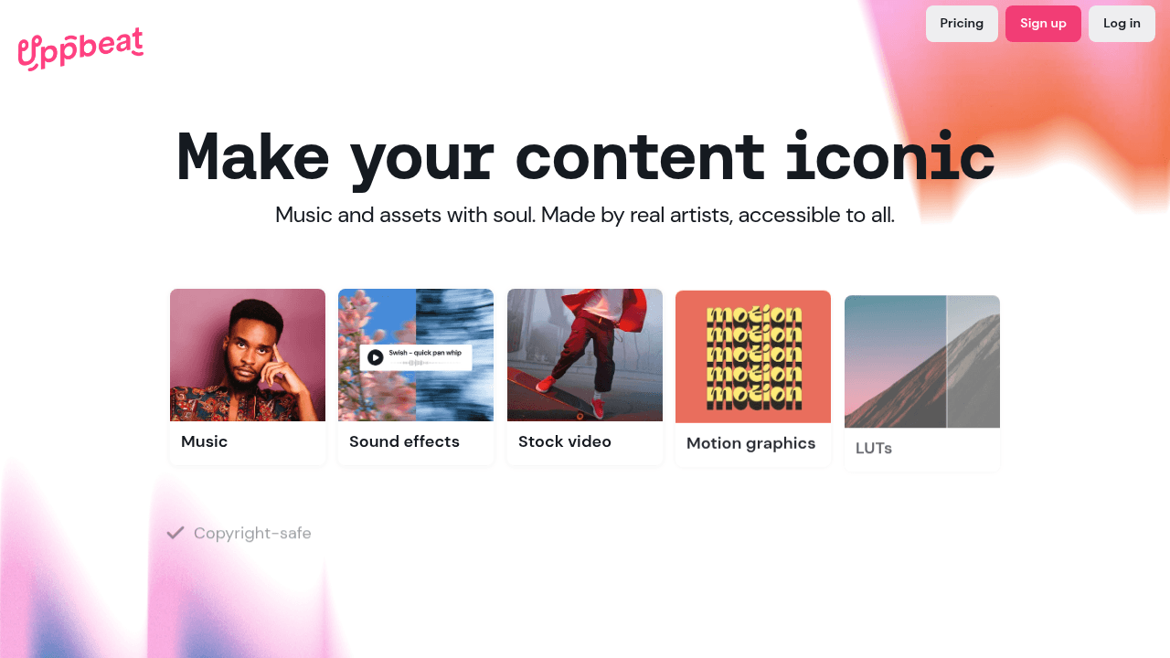 Page d'accueil d'Uppbeat, banque de musique freemium pour créateurs YouTube