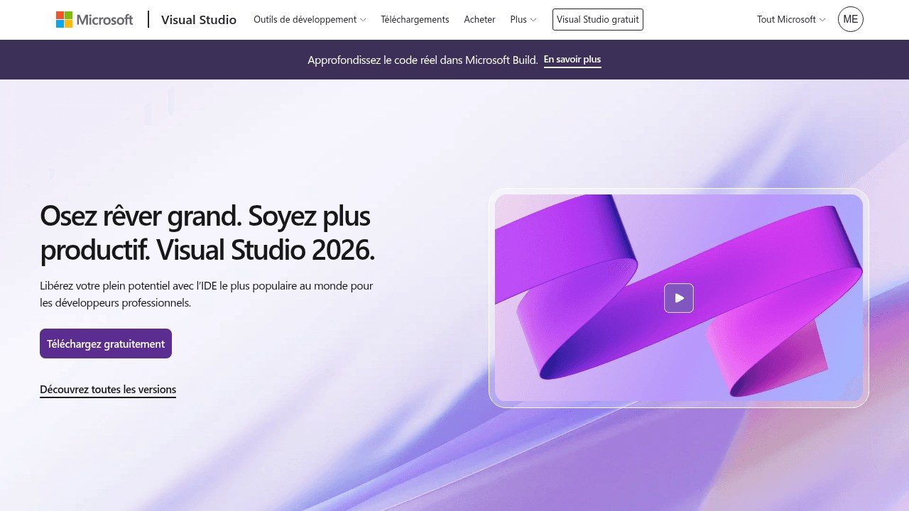 Page d'accueil de Microsoft Visual Studio, l'IDE référence .NET et Windows