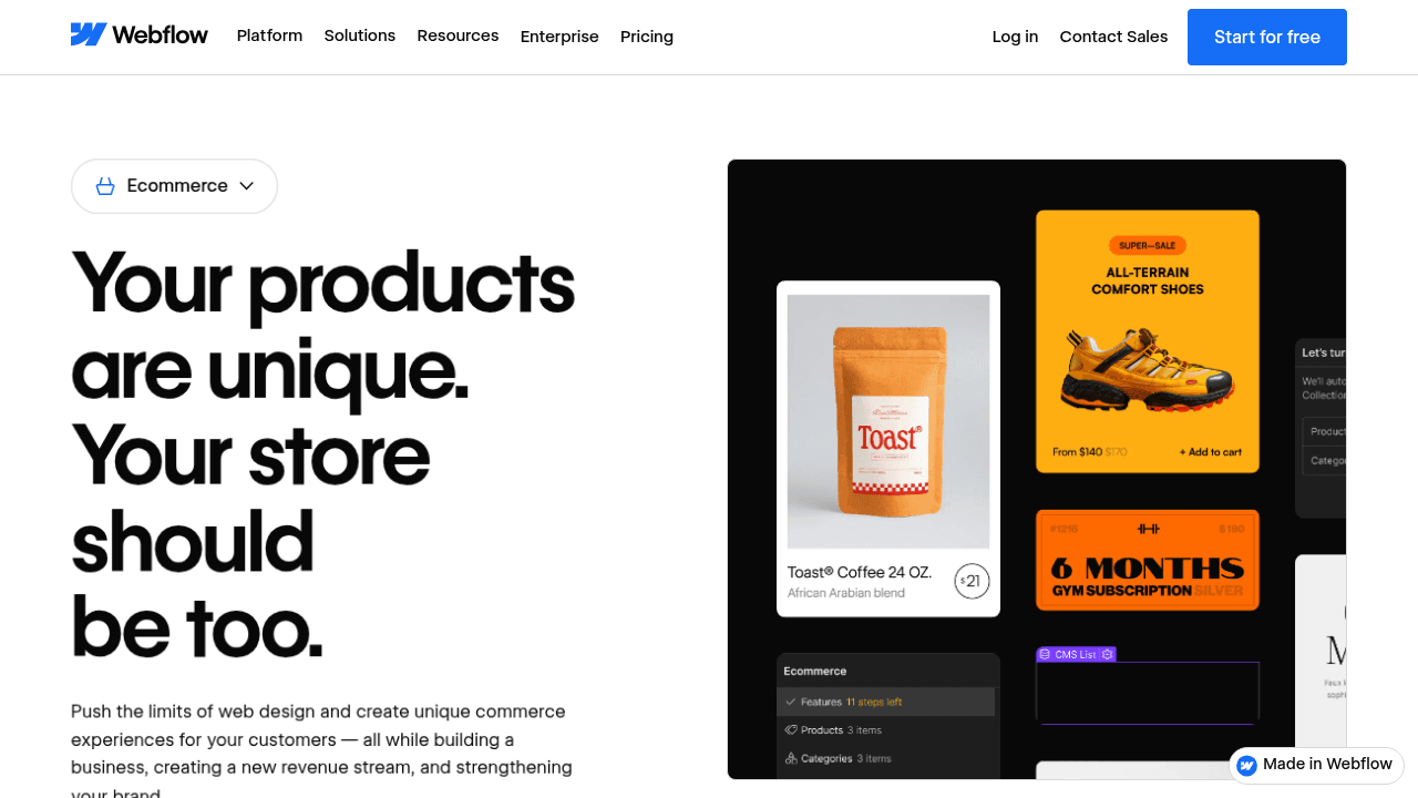 Page d'accueil de Webflow eCommerce, solution e-commerce no-code design-first