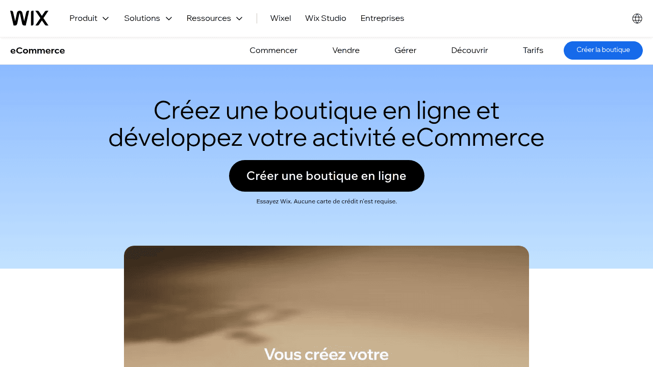 Page d'accueil de Wix eCommerce, créateur de boutique en ligne tout-en-un