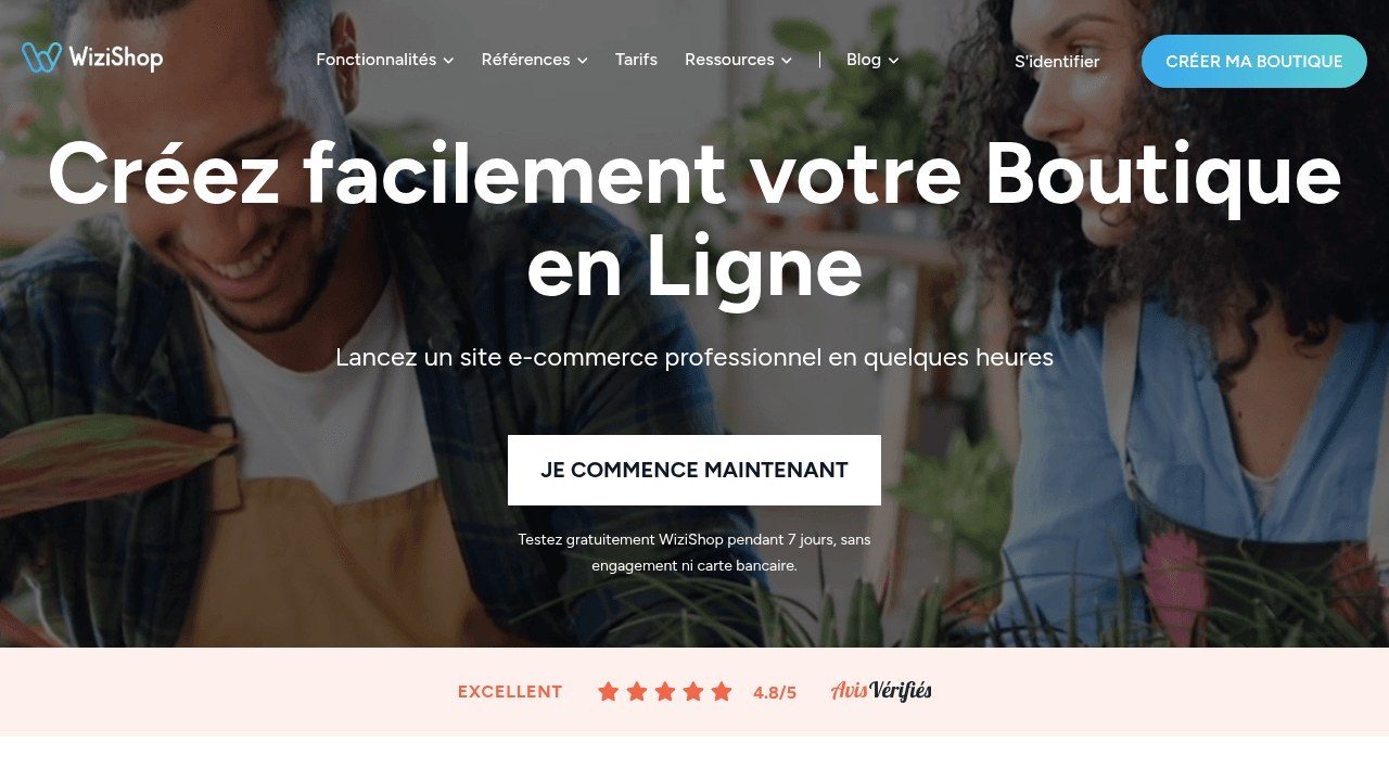 Page d'accueil de WiziShop, plateforme e-commerce SaaS française