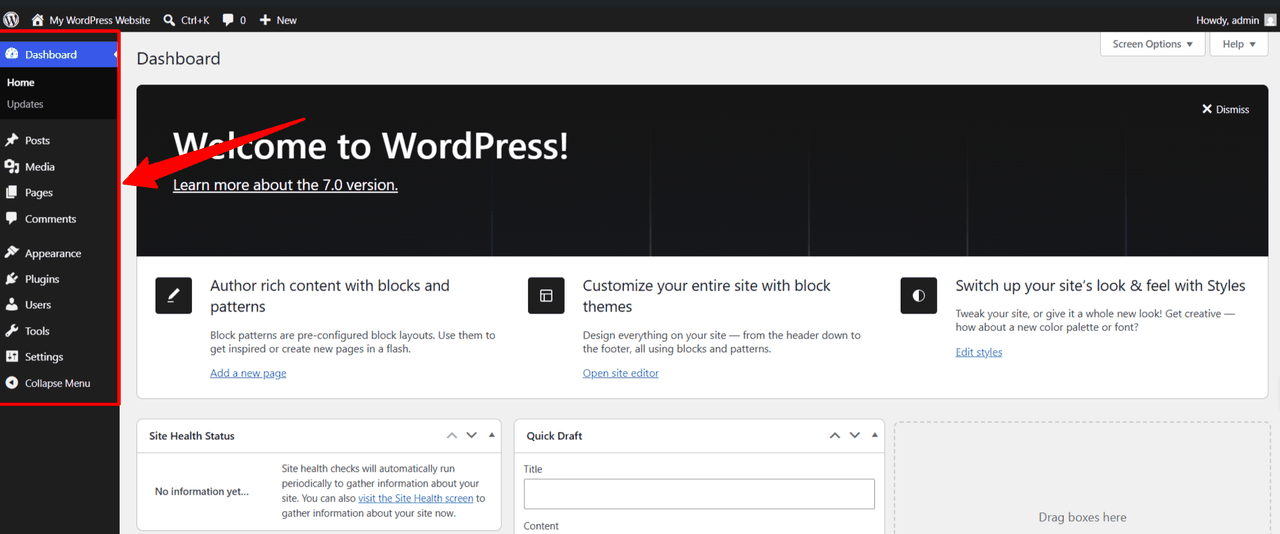 Tableau de bord WordPress 7.0 avec l'écran d'accueil refondu