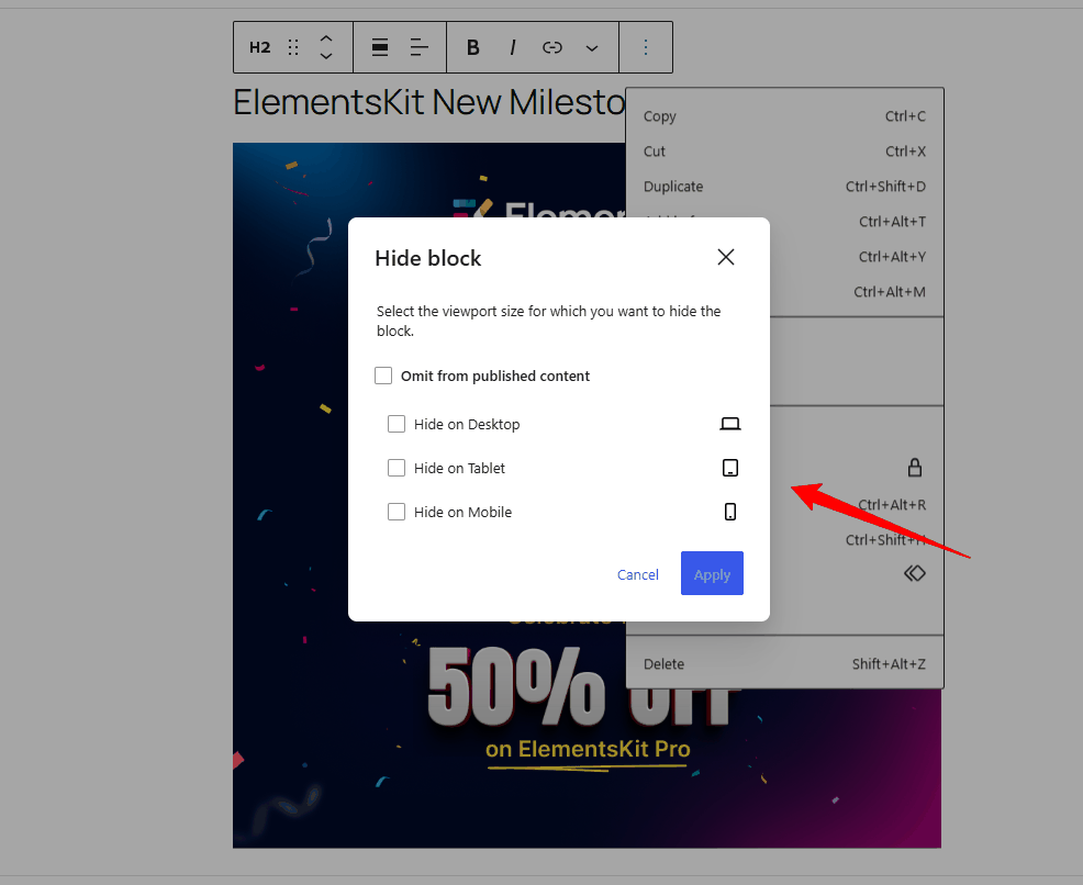 Modal de masquage d'un bloc selon l'appareil (Desktop, Tablet, Mobile) dans WordPress 7.0